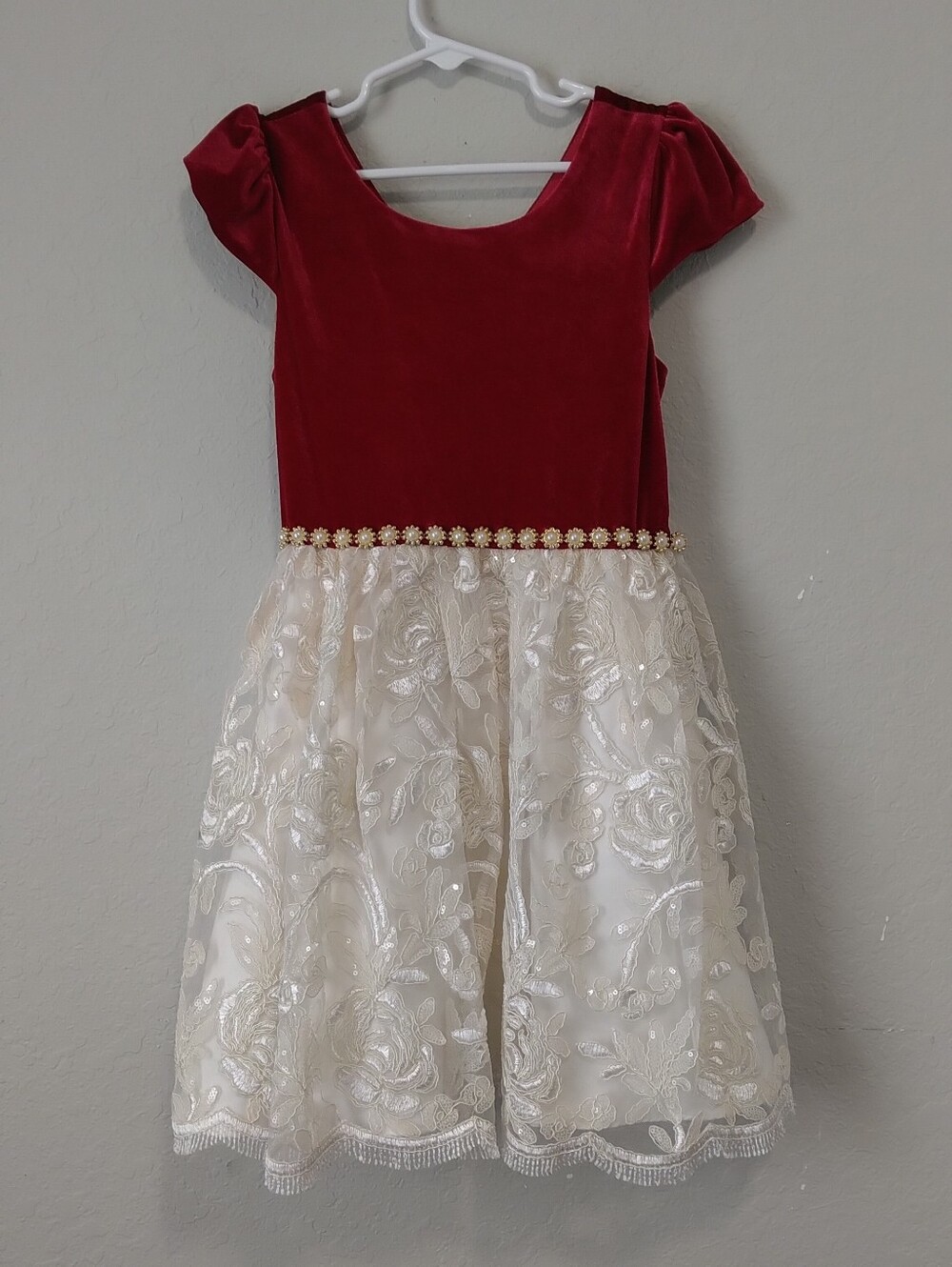 Jessica Simpson Red and Cream Velvet & Lace Flower Girl Dress